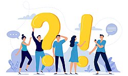 People ask frequently asked questions. FAQ, person asking question, mens and womens questions and answers vector illustration. Internet experience sharing platform concept. Online forum users